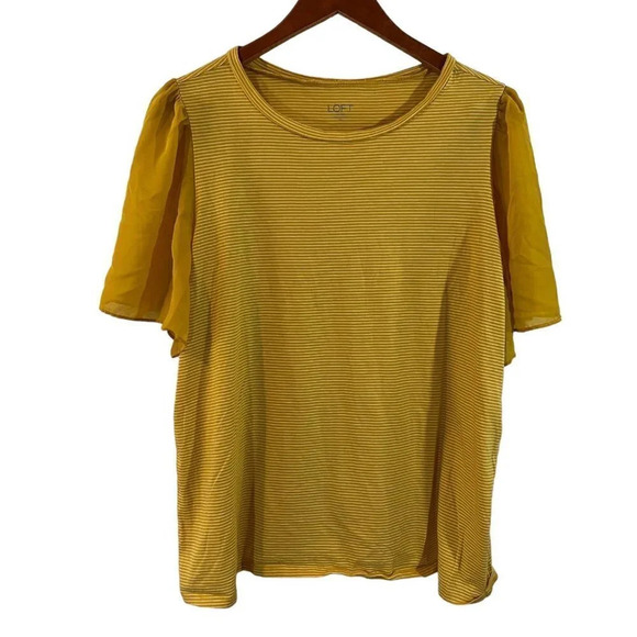 LOFT Yellow Striped Blouse Size XL Short Chiffon Sleeves Round Neckline Pullover - Picture 1 of 5